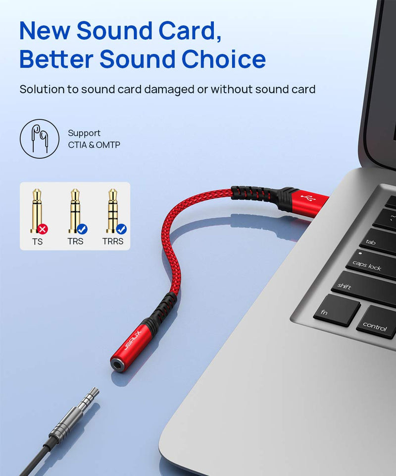  [AUSTRALIA] - JSAUX USB to 3.5mm Jack Audio Adapter，USB to Audio Jack Adapter Headset，USB-A to 3.5mm TRRS 4-Pole Female, External Stereo Sound Card for Headphone, Mac, PS4, PC, Laptop, Desktops and More -Grey/0.6FT Red