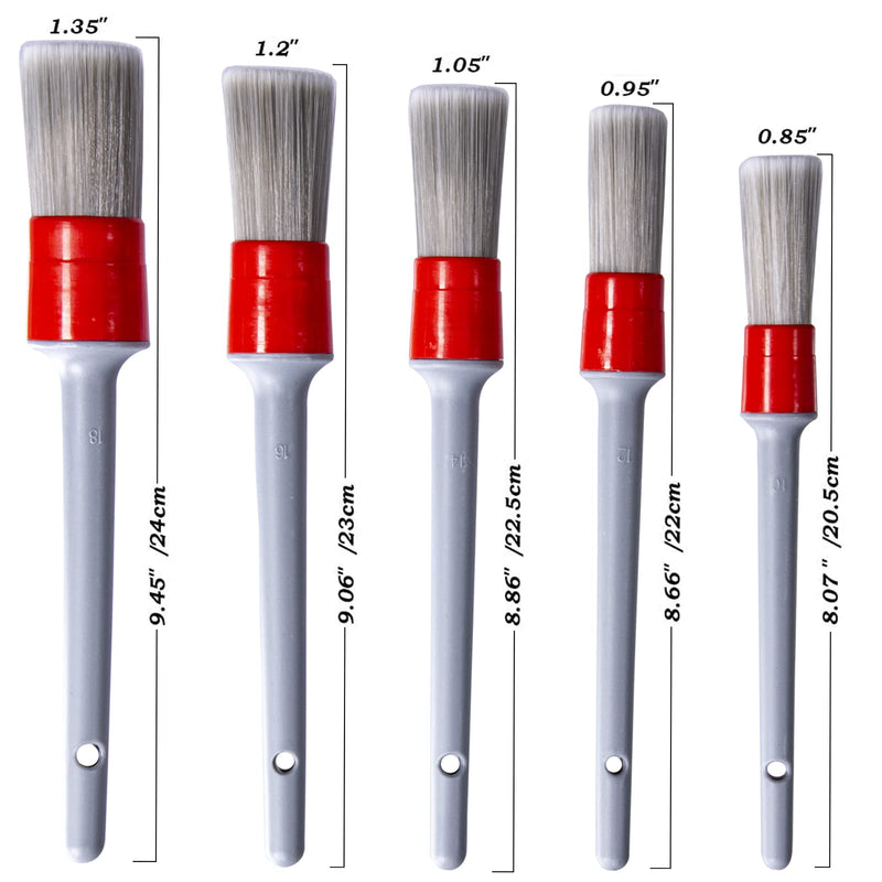  [AUSTRALIA] - Detailing Brush Set - 5 Different Sizes Premium Natural Boar Hair Mixed Fiber Plastic Handle Automotive Detail Brushes for Cleaning Wheels, Engine, Interior, Air Vents, Car, Motorcy Grey Gray
