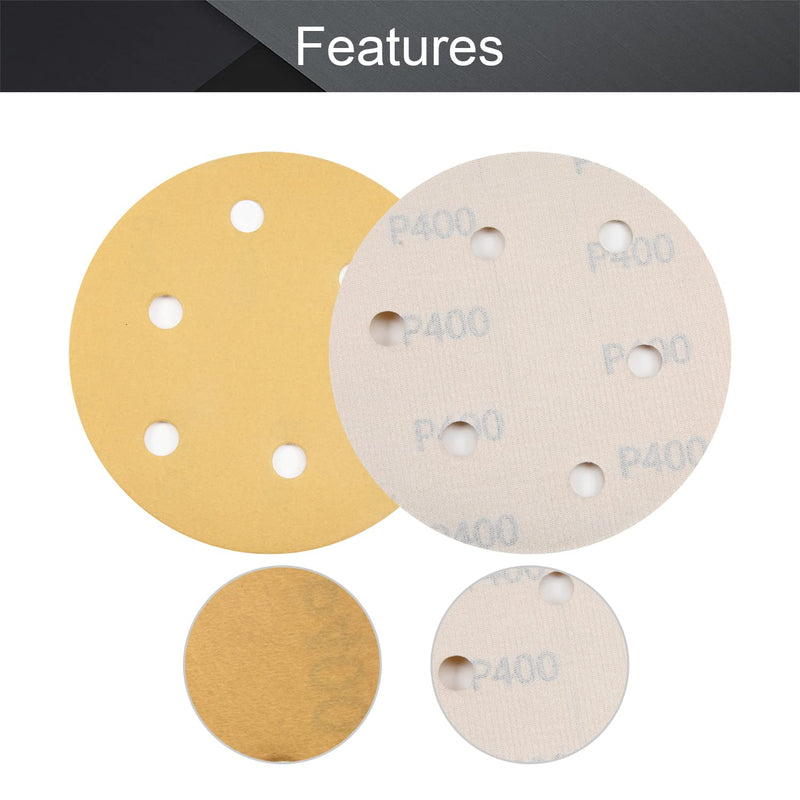  [AUSTRALIA] - Utoolmart 5" 6 Hole Hook and Loop Sanding Discs 400 Grit Aluminum Oxide Sandpaper for Random Orbit Sander Wood Metal Auto Wet and Dry Polishing Gold 10pcs 400grit