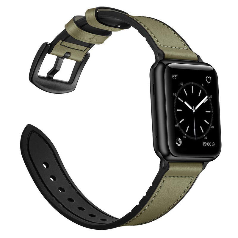 OUHENG Compatible with Apple Watch Band 44mm 42mm, Sweatproof Genuine Leather and Rubber Hybrid Band Strap Compatible with iWatch Series 6 5 4 3 2 1 SE, Army Green Band with Black Adapter Army Green/Black 42mm/44mm - LeoForward Australia