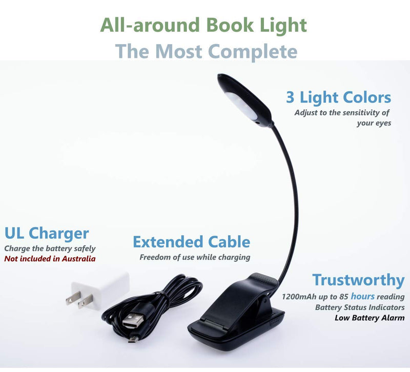 Book Light with Warm, Cool and Natural — Adjustable Bright to Read in Bed or Anywhere — 85 Hours x Charge — UL USB Charger — Gift Boxed, Clip On LED Lamp, Eco Friendly Replaceable 1200mAh Battery Single Arm - Multi Light - LeoForward Australia