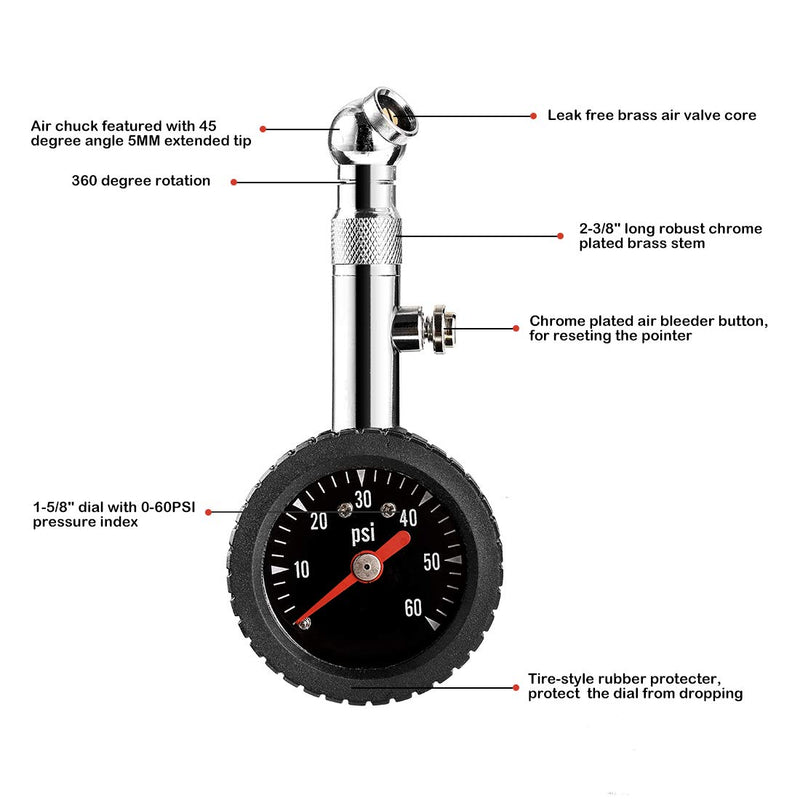 CZC AUTO Heavy Duty Tire Pressure Gauge, ANSI B40.1 Accurate Mechanical Air Gage, Chrome Plated Brass Stem Rotating Single Chuck Dial Wheel Pressure Tester for Motorcycle Bike Car RV Bicycle, 0-60PSI - LeoForward Australia