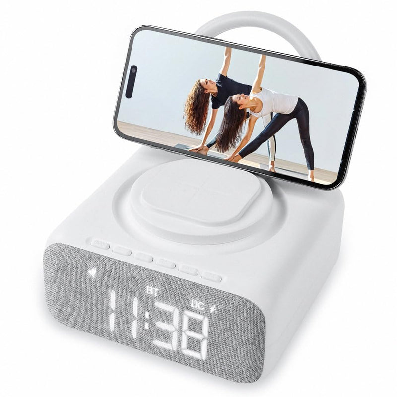  [AUSTRALIA] - AXFEE Digital Alarm Clock FM Radio, Bedside Radio Alarm Clock with USB Charger, Bluetooth Speaker, Wireless Charger, Dimmable LED Display, Adjustable LED Night Light, Alarm Clocks for Bedroom