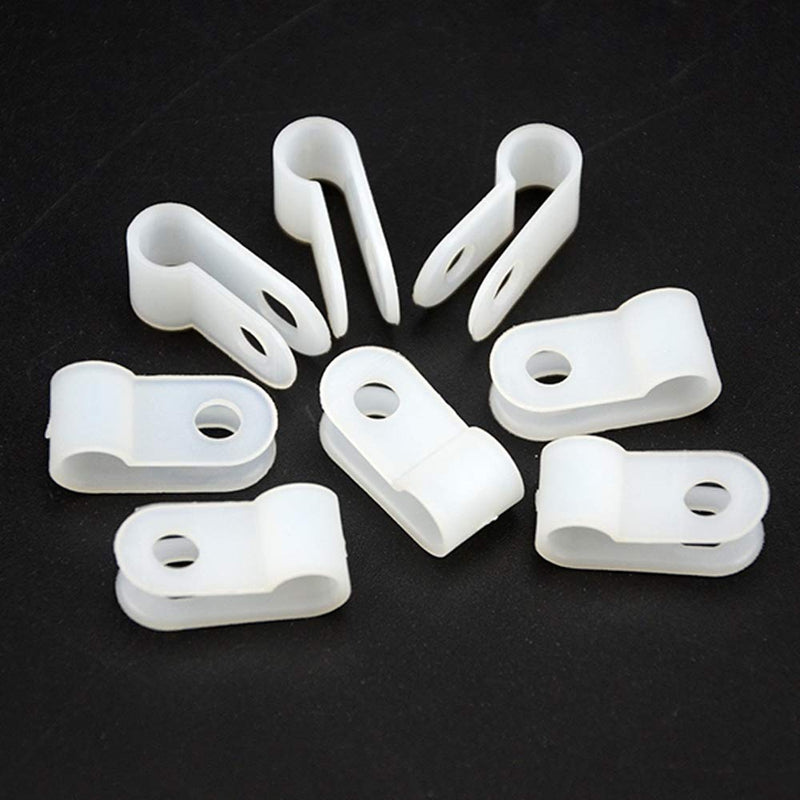  [AUSTRALIA] - XINGYHENG 100pcs White Nylon R-Type Cable Clamp Fastener for 6.35mm ( 1/4" )Dia Wire Tube Plastic Wire Cord Clip Fixer with 100 Pack Screws for Wire Management