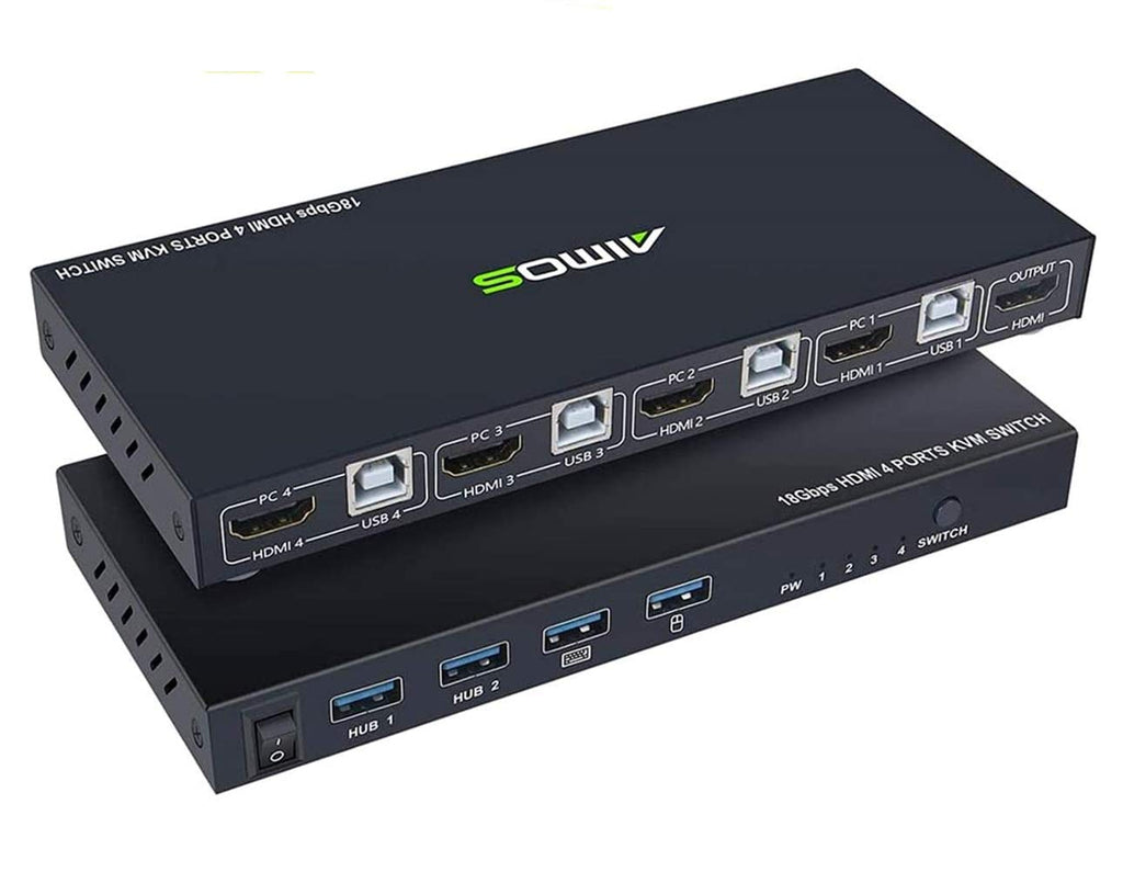  [AUSTRALIA] - KVM Switch HDMI 4 Port Box, AIMOS HDMI 2.0 KVM Switcher Support Wireless Keyboard and Mouse Connections and with USB Hub Port, UHD 4K@60Hz & 3D & 1080P Supported