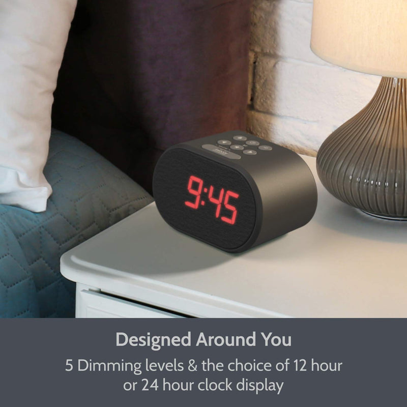  [AUSTRALIA] - Alarm Clock Bedside Non Ticking LED Backlit Alarm Clock with USB Charger & FM Radio, 5 Step Dimmable Display - Wall Outlet Powered with Battery Backup (Black) Black
