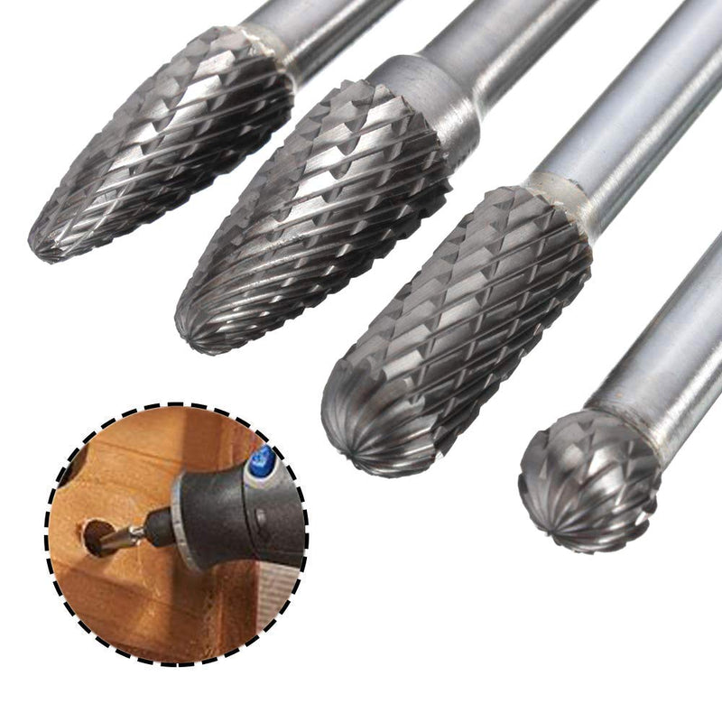 Mesee Set of 4 Tungsten Carbide Rotary Burrs, 6 Inch Long Double Cut Rotating Burr with 6mm Shank Files Rasp Bit Tools Kit for DIY Woodworking Metal Carving Polishing Engraving Drilling - LeoForward Australia