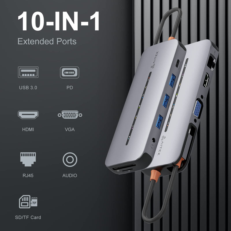  [AUSTRALIA] - Aitek USB C Multiport Adapter: 10 in 1 USB C Hub Docking Station for MacBook Pro with Indicator Light Dual Monitor Dongle 4K HDMI VGA 3 USB3.0 Ethernet SD/TF Card Reader 100W PD 3.5mm Audio for Laptop