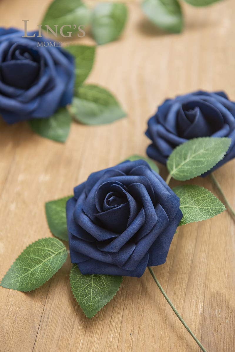  [AUSTRALIA] - Ling's moment Rose Artificial Flowers 25pcs Realistic Fake Roses w/Stem for DIY Wedding Bouquets Centerpieces Bridal Shower Party Home Decorations (Navy Blue, 25pcs Regular 3") Regular 3" (25pcs) Navy Blue