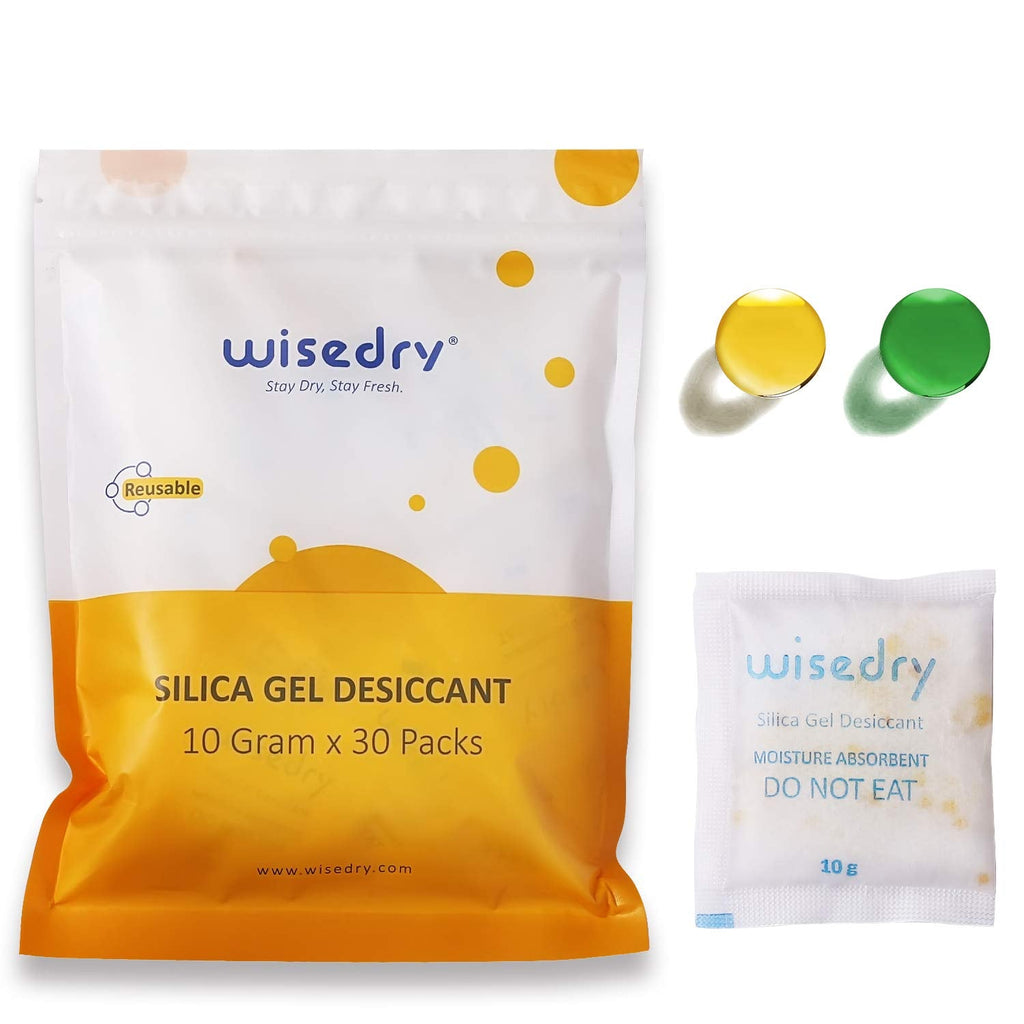  [AUSTRALIA] - wisedry 10 Gram [30 Packs] Silica Gel Desiccant Packets Reusable for Moisture with Color Indicating Rechargeable Small Dessicant Packs Food Grade