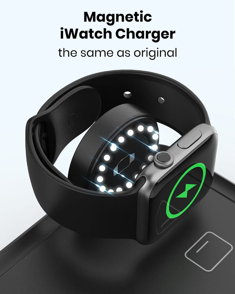  [AUSTRALIA] - Wireless Charger for Magsafe - GEEKERA 3 in 1 Magnetic Wireless Charging Station for iPhone 14/13/ 12/ Pro/Max/Mini, Apple Watch 7/6/5/4/3/2/SE, TWS Airpods 3/2/Pro with QC 3.0 18W Adapter Wireless Charging Stand Black
