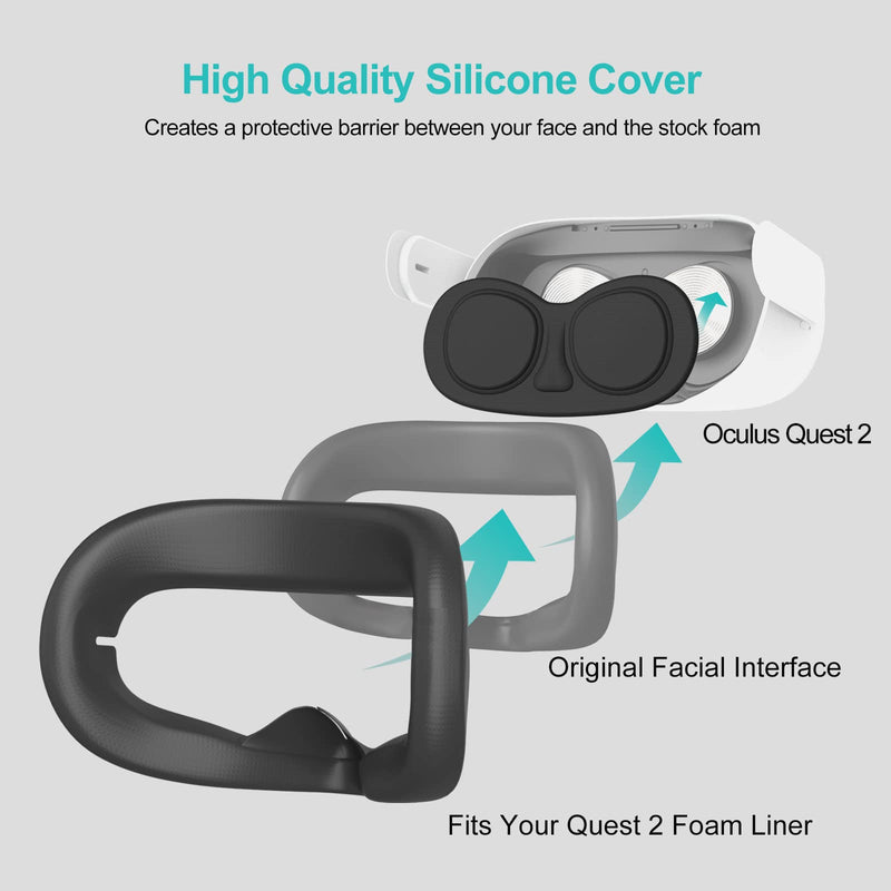  [AUSTRALIA] - SUPERUS VR Silicone Face Cover Compatible for Oculus Quest 2 with Lens Protector, Washable Face Pad & Scratch-Resistant Lens Cover, Lightproof Dust-Proof Non-Slip VR Accessories 2-Pack Set (Black)