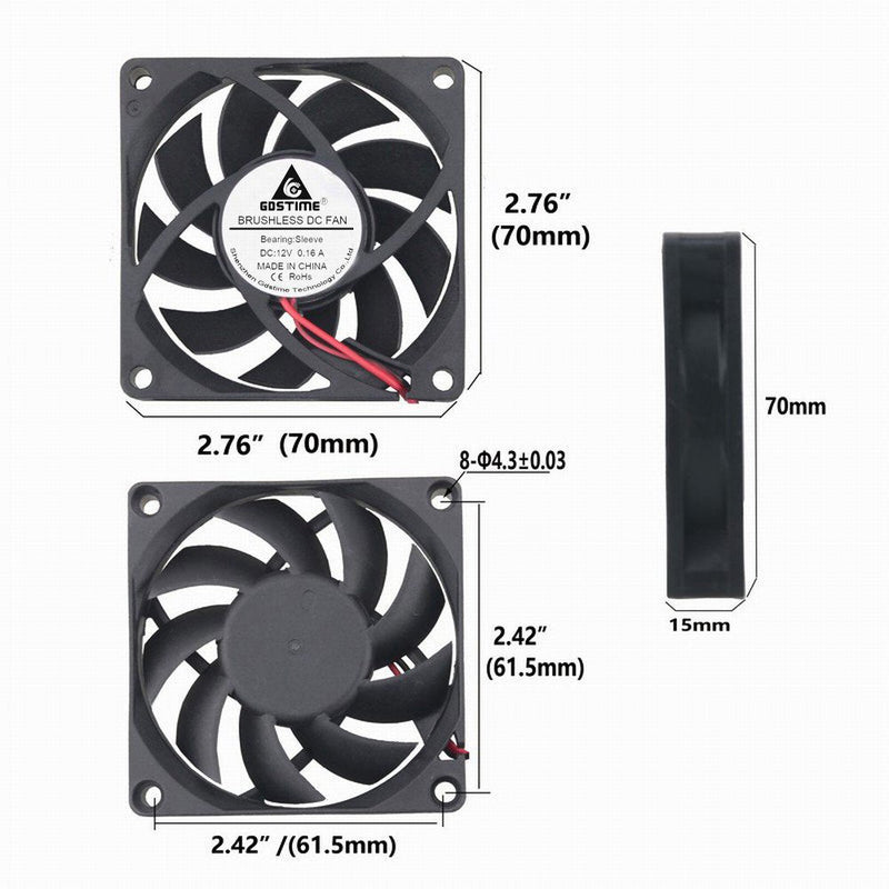  [AUSTRALIA] - GDSTIME 70mm x 70mm x 15mm 12v Brushless DC Cooling Fan
