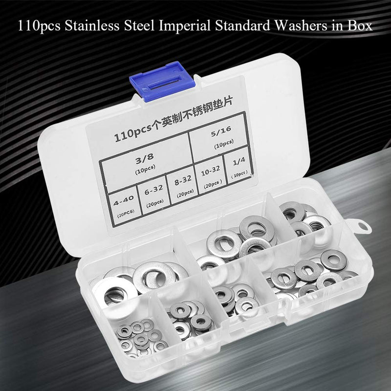  [AUSTRALIA] - YUANJS, Washer,110pcs Imperial Standard Stainless Steel Flat Washer Plain Washers Assortment Kit with Box