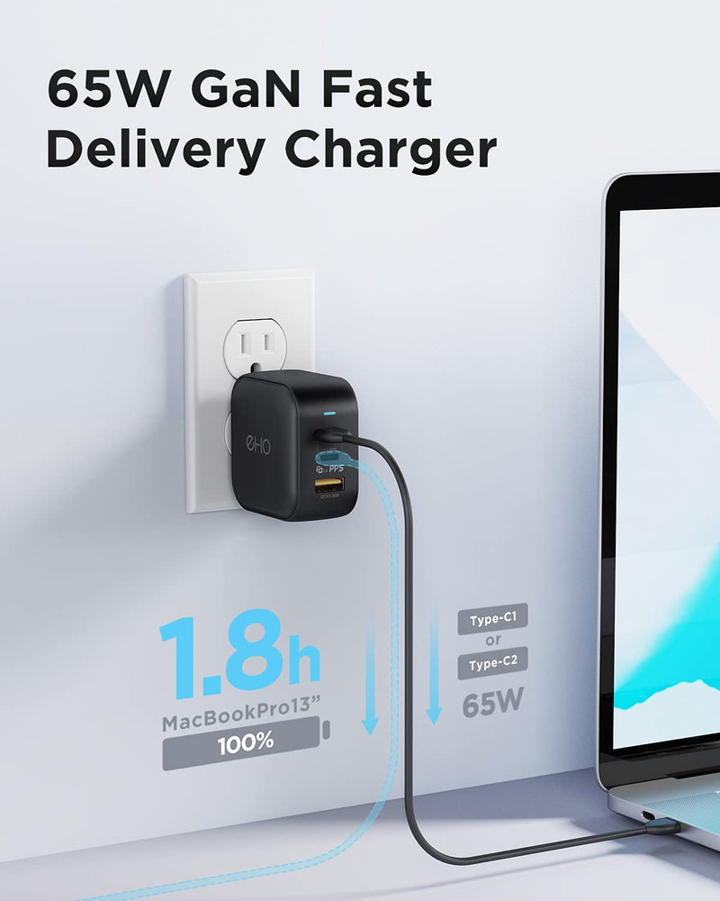  [AUSTRALIA] - USB C Charger, EHO 65W GaN II PPS Fast Charger Adapter, 3-Port Foldable Compact Wall Charger Compatible with MacBook Pro/Air, Galaxy S22/S21, Note 20/10+, iPhone 13/12, iPad Pro, and More, Black