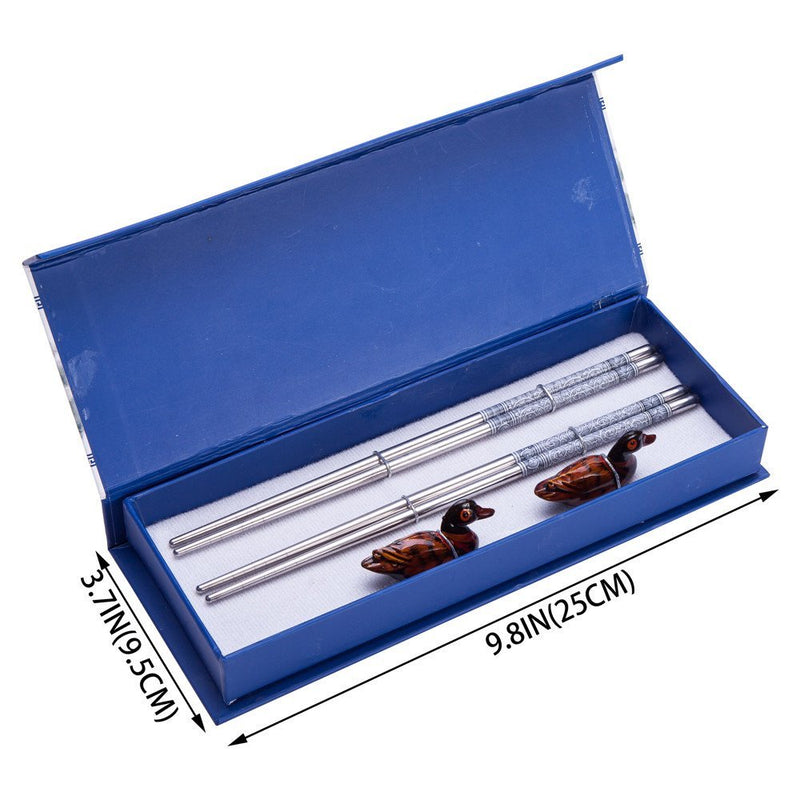  [AUSTRALIA] - 4 (2 pairs) Silver Stainless Steel Chopsticks & Mandarin Duck Holders Set In Gift Box by THY COLLECTIBLES