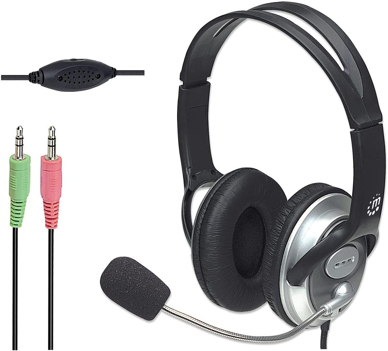  [AUSTRALIA] - MANHATTAN Headset with Microphone – with 8 ft Long Cable, Volume Control, 3.5mm Audio and Mic Plug Jacks, Flexible Mic – for Computer, Laptop, Desktop, Call Center – 175555