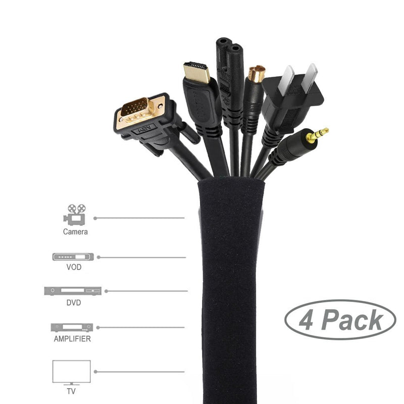  [AUSTRALIA] - [4 Pack] JOTO Cable Management Sleeve, 19-20 Inch Cord Organizer System with Zipper for TV Computer Office Home Entertainment, Flexible Cable Sleeve Wrap Cover Wire Hider System -Black Black