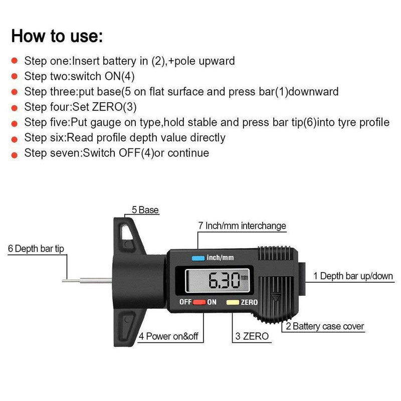  [AUSTRALIA] - Digital Tire Tread Depth Gauge with Large LCD Display Metric/Inch Conversion 0-25.4mm Measuring Tool for Car Motorbike Trucks Vans