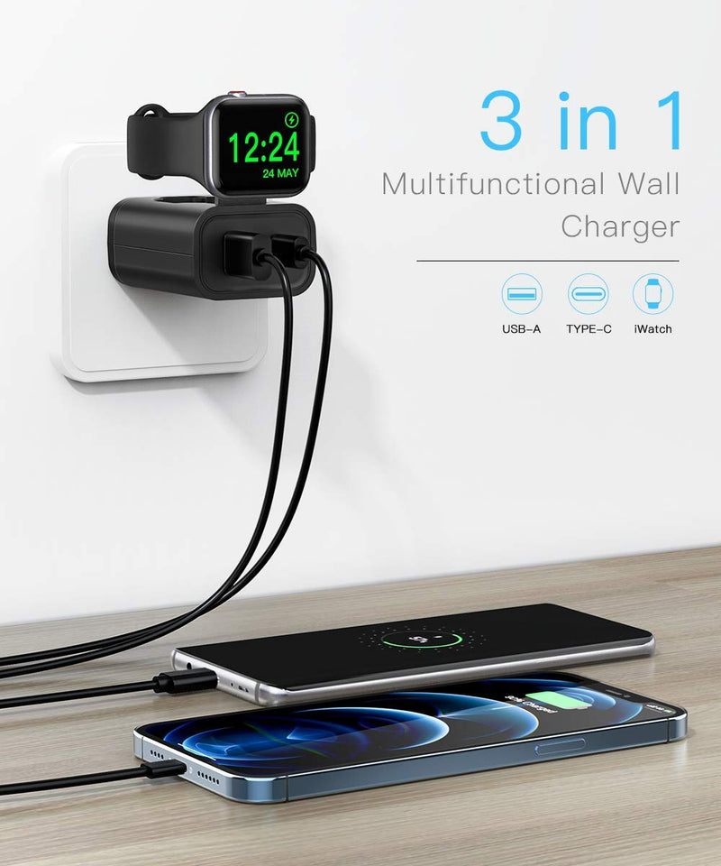  [AUSTRALIA] - BeaSaf iPhone Fast Charger, 24W USB C Charger for iPhone 13/12/Mini/12 Pro Max, USB C Wall Charger with Foldable Apple Watch Wireless Charger, PD Charger for iPhone, AirPods Black