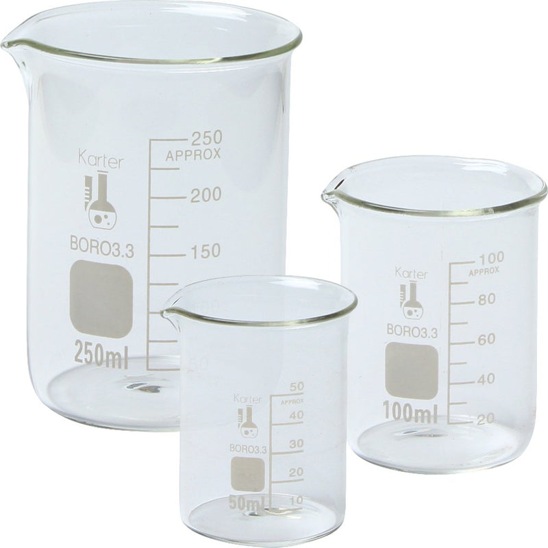 Karter Scientific 214T2, 3.3 Boro, Griffin Low Form, Glass Beaker Set - 3 Sizes - 50ml, 100ml, 250ml 50 / 100 / 250mL LOW FORM - STANDARD - LeoForward Australia