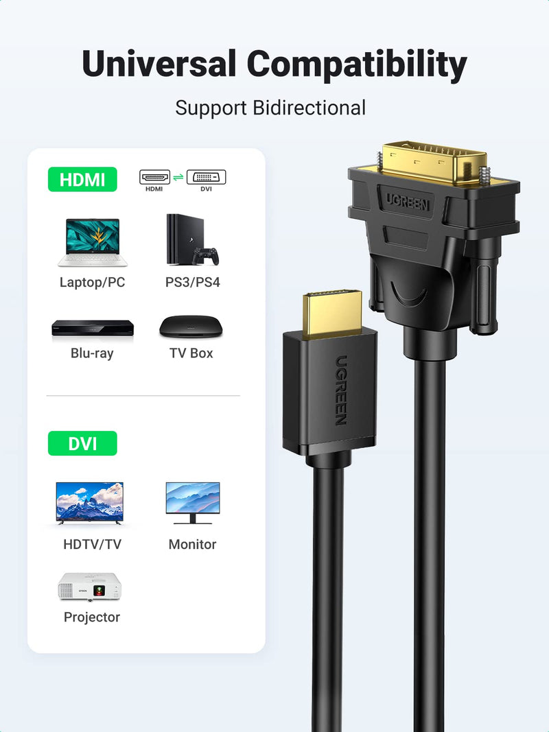  [AUSTRALIA] - UGREEN HDMI to DVI Cable Bi Directional DVI-D 24+1 Male to HDMI Male High Speed Adapter Cable Support 1080P Full HD for Raspberry Pi, Roku, Xbox One, PS4 PS3, Graphics Card, Nintendo Switch 3FT