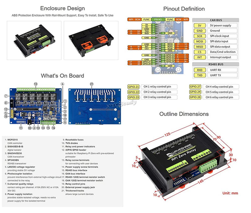  [AUSTRALIA] - Industrial 6-Channel Relay Module for Raspberry Pi Zero WH with RS485/CAN Bus Power Supply & Photocoupler Isolation Protections @XYGStudy