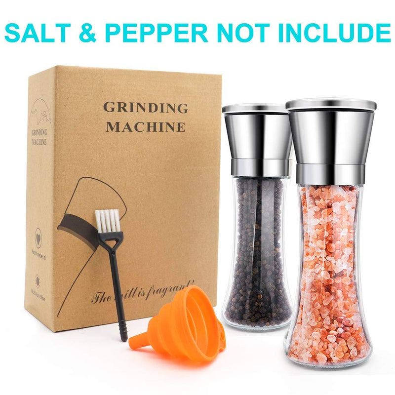  [AUSTRALIA] - Salt and Pepper Grinder (Set of 2), Adjustable Ceramic & Stainless Steel Mill Set, Glass Body Refillable Mill Shakers - Easy Clean Grinders with Silicon Funnel and Cleaning Brush