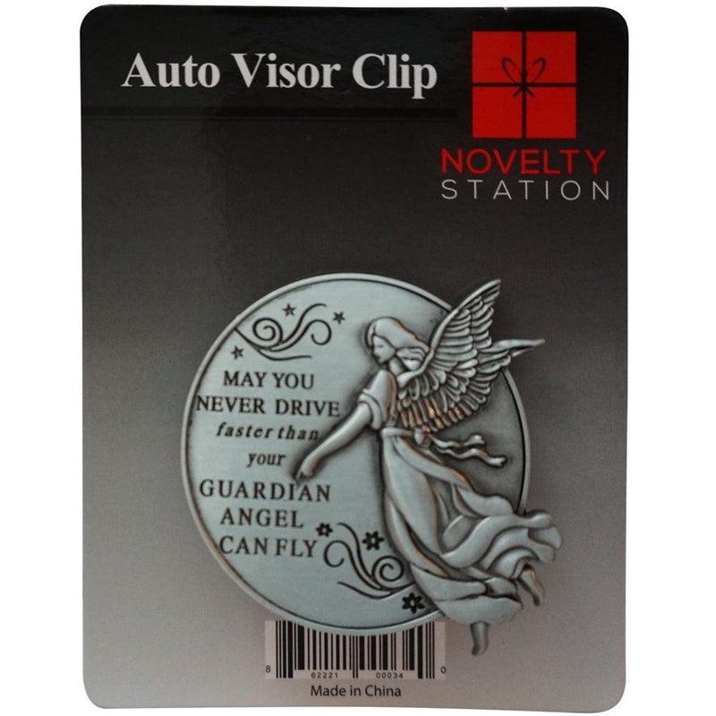  [AUSTRALIA] - Guardian Angel Visor Clip For Car: 2-1/4 Inch Diameter Metal, Reads MAY YOU NEVER DRIVE FASTER THAN YOUR GUARDIAN ANGEL CAN FLY, Best Parents Gift Idea for New Driver & Loved Ones Cars (1) 1