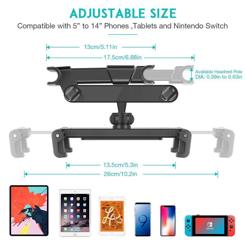  [AUSTRALIA] - Car Headrest Mount, Angle Adjustable Headrest Tablet Mount, Universal Tablet Holder for Car Backseat, for 5" to 12.9" iPad/Tablet/Smartphone/Nintendo Switch