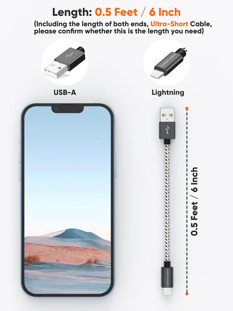  [AUSTRALIA] - CableCreation 0.5 Feet Short iPhone Charger Cable, [MFi Certified] Lightning to USB Data Sync Cord, Compatible with iPhone 14/14 Pro, AirPods Pro, iPhone 13/13 Pro/12, iPad Pro, Air, 0.15M Black&White Black + White