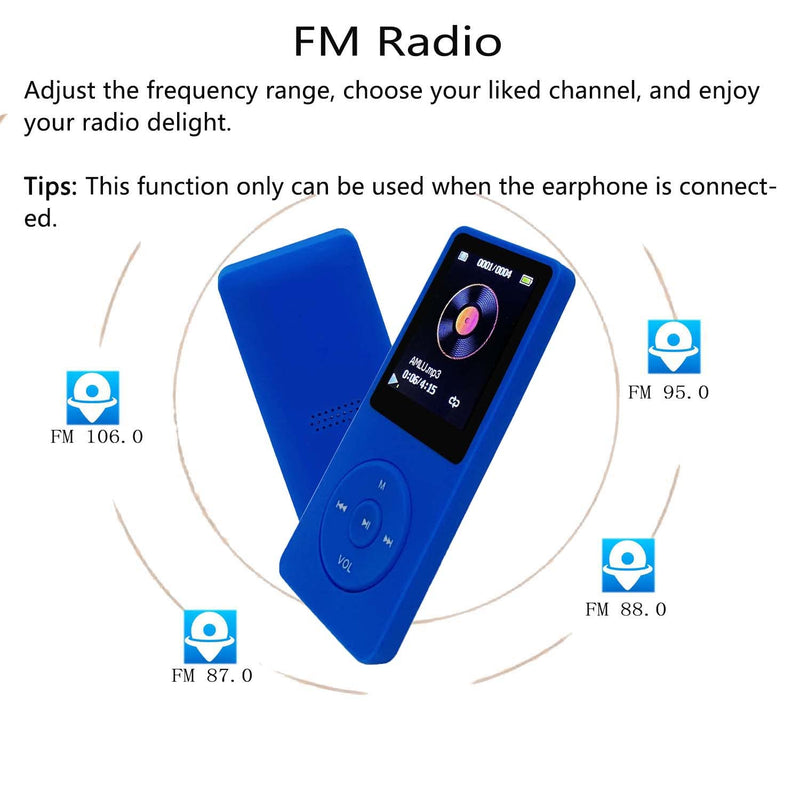  [AUSTRALIA] - MP3 Player 32GB with Speaker FM Radio Earphone Portable Mini Blue Music Player Voice Recorder E-Book 1.8 inch HD Screen Support up to 128GB