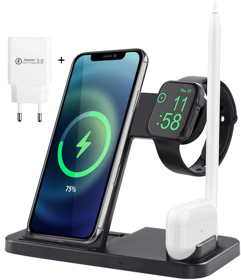  [AUSTRALIA] - AICase 4 in 1 Wireless Charger, iWatch & A irPods & Pencil Charging Dock Station, Nightstand Mode for iWatch Series 5/4/3/2/1, Fast Charging for Phone 11/11 Pro Max/XR/XS Max/Xs/X/8 Plus/8 (Black)