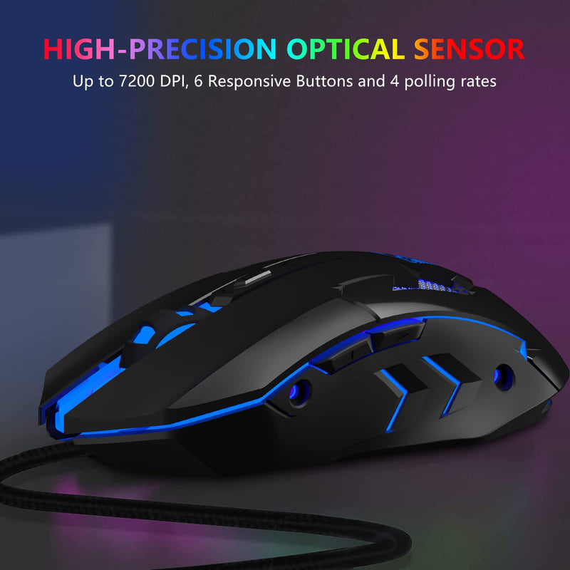  [AUSTRALIA] - FUWANG Wired Gaming Mouse, USB Computer Mouse with RGB Backlit, 7200 DPI Optical Sensor, Ergonomic Gamer Mouse with 6 Programmable Buttons for Windows/PC/Mac/Laptop Gamer Dark Black