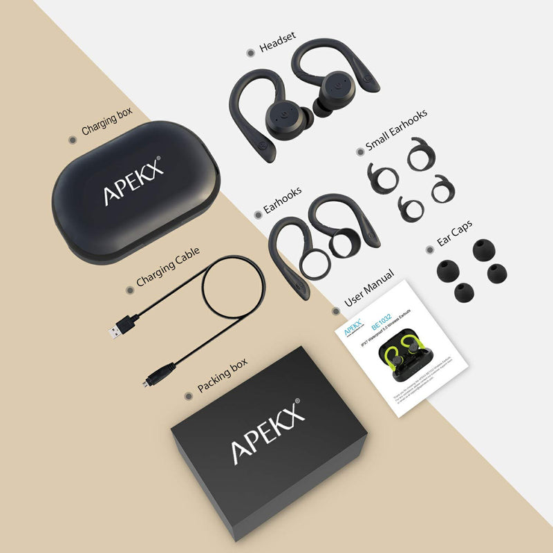  [AUSTRALIA] - APEKX Bluetooth Headphones True Wireless Earbuds with Charging Case IPX7 Waterproof Stereo Sound Earphones Built-in Mic in-Ear Headsets Deep Bass for Sport Running Black