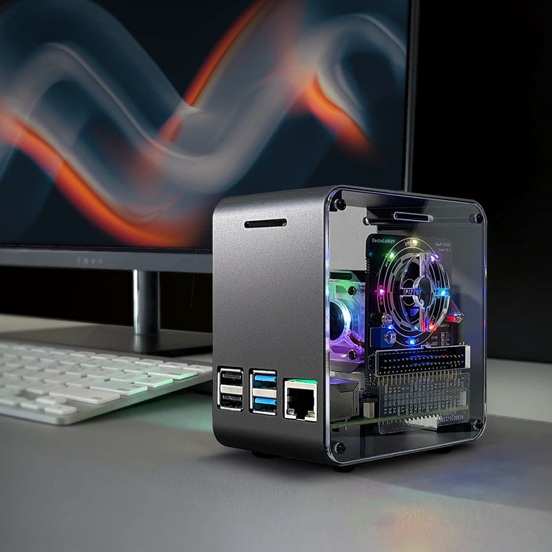  [AUSTRALIA] - ElectroCookie Raspberry Pi 4 Case, Aluminum Mini Tower Case with Dual Power Cooler and Color Changing Ambient Light (Matte Black)