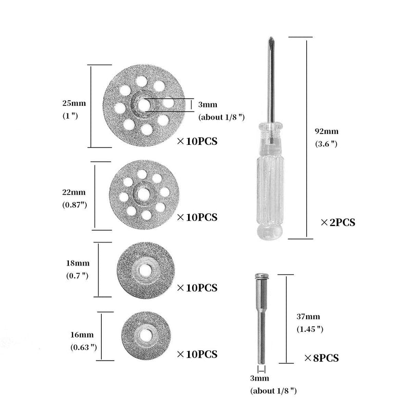  [AUSTRALIA] - 40 Pcs Diamond Cutting Wheel Kit (25mm/22mm/18mm/16mm Each 10), with 8pcs 3mm Mandrel and 2pcs Cross Screwdriver for Rotary Tool Cutting Gem Stones, Glass, Ceramics