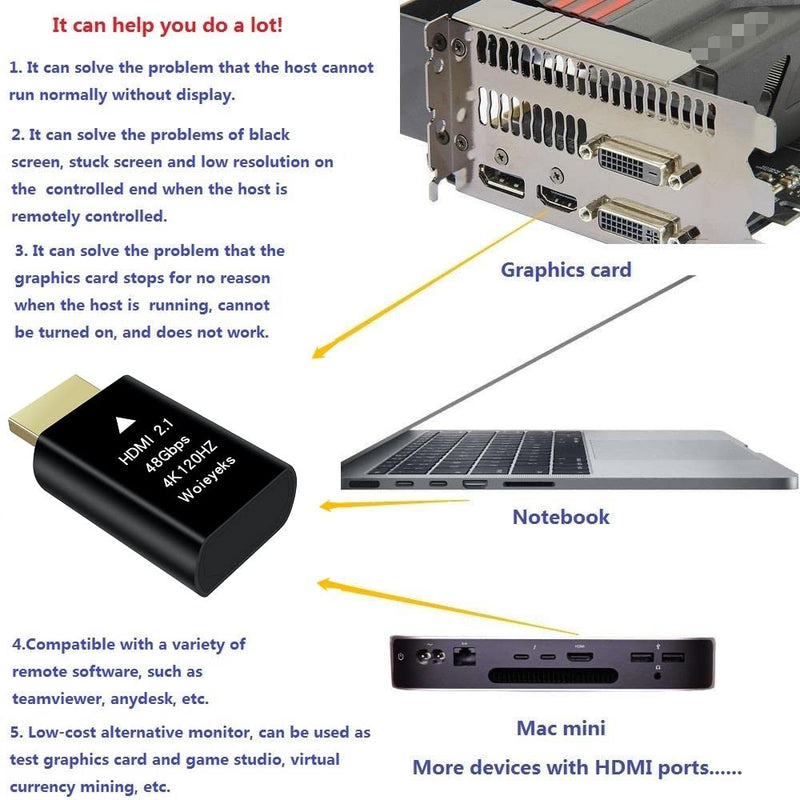  [AUSTRALIA] - Woieyeks 4K 120Hz HDMI 2.1 Dummy Plug,Virtual Display Emulator,Headless Ghost Display Adapter Support 3840x2160@120HZ,1440@120HZ,1080P@120HZ EDID Monitor Emulator（8K not Supported） 4K-120Hz Emulator