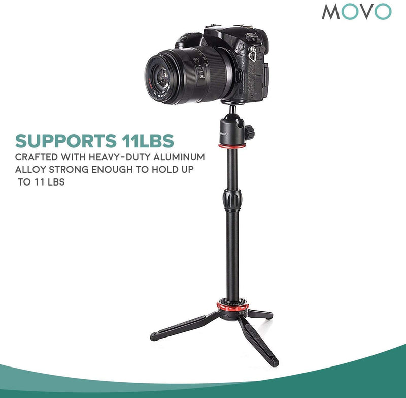  [AUSTRALIA] - Movo Universal Mini Camera Tripod with Extendable Pole (MV-T1) Adjustable Head, Heavy-Duty Aluminum Travel Stand for DSLR, Mirrorless, GoPro, Smartphones, Compact, Portable