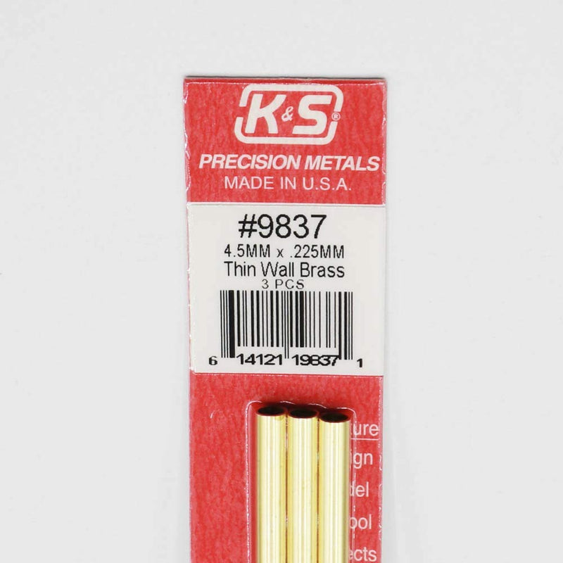 K&S Precision Metals 9837 Thin Wall Brass Tube, 4.5mm O.D. X .225mm Wall Thickness X 300mm Long, 3 Pieces per Pack, Made in The USA - LeoForward Australia