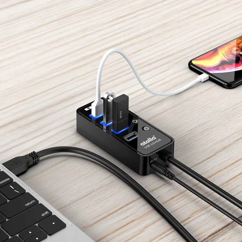  [AUSTRALIA] - Powered USB Hub, atolla 4-Port USB 3.0 Hub with 4 USB 3.0 Data Ports and 1 USB Smart Charging Port, USB Splitter with Individual On/Off Switches and 5V/3A Power Adapter