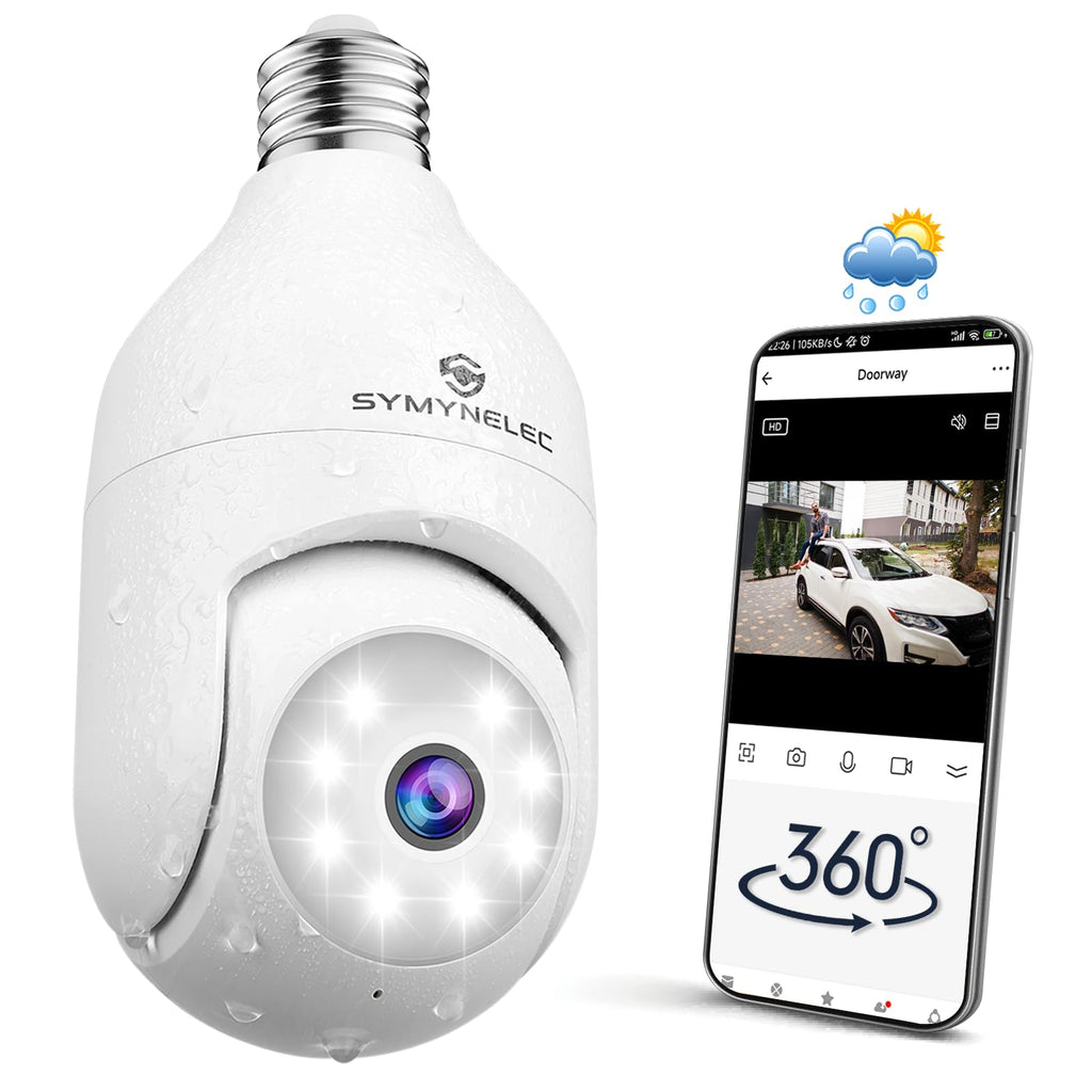  [AUSTRALIA] - 360 Light Bulb Security Camera Outdoor Weatherproof, 2K 4MP 2.4GHz Wireless WiFi Light Socket Security Cam Motion Detection Tracking Color Night Vision 2 Way Talk Easy Install Works with Alexa Google White 1Packs (No SD Card)