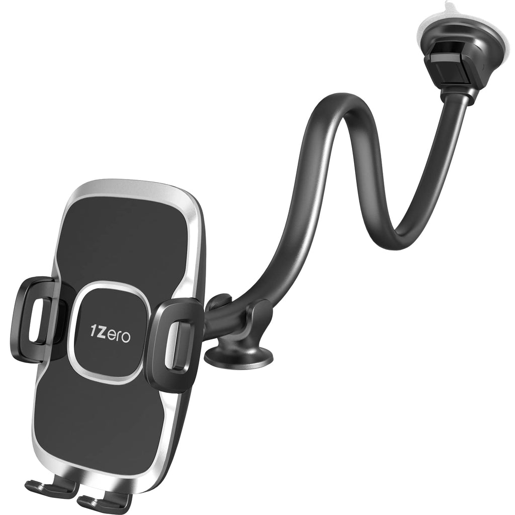  [AUSTRALIA] - 1Zero Solid Car Truck Phone Mount Holder with 14-Inch Gooseneck Long Arm, Windshield Window Mobile Holders w/Industrial-Strength Suction Cup, Anti-Shake Stabilizer Compatible All Cell Phones iPhone Black Mirror Surface with Silver Ring