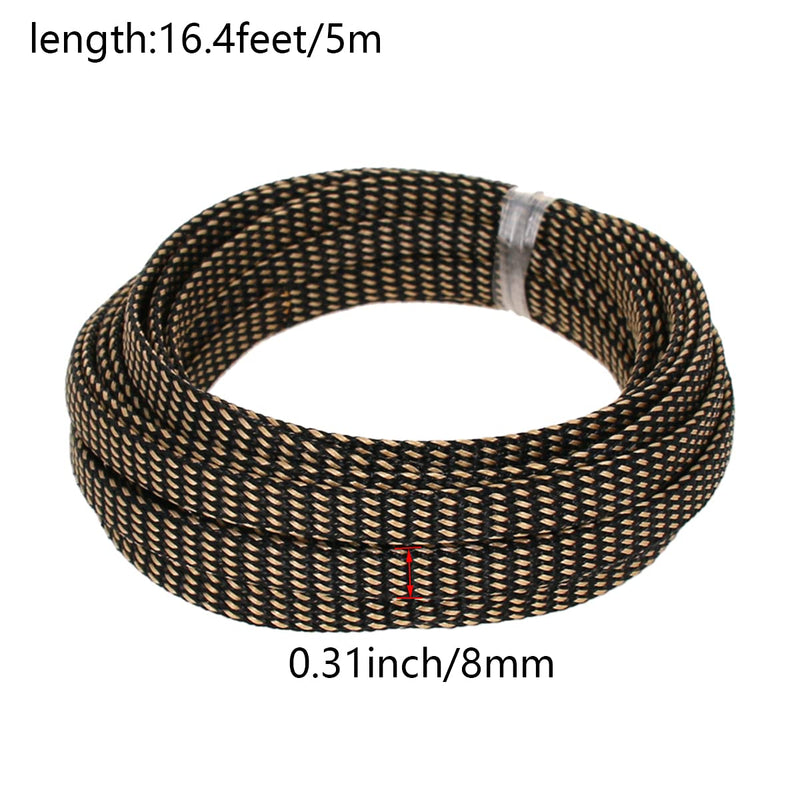  [AUSTRALIA] - Bettomshin 1Pcs 16.4Ft Expandable Braid Sleeving, Width 8mm Protector Wire Flexible Cable Mesh Sleeve Black and Gold for Television Audio Computer