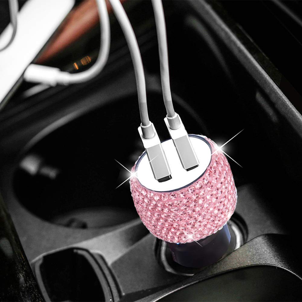  [AUSTRALIA] - Dual USB Car Charger Bling Bling Handmade Rhinestones Crystal Car Decorations for Fast Charging Car Decors Pink for iPhone, iPad Pro/Air 2/Mini, Samsung Galaxy Note 9 8 S9 S9+,LG, Nexus, HTC, etc