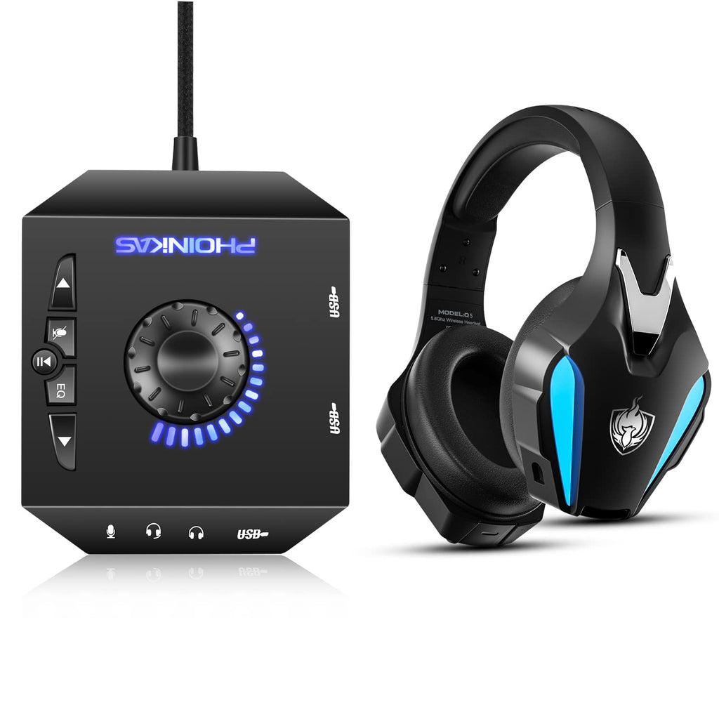  [AUSTRALIA] - T10 External Sound Card & Q5 5.8G Wireless Gaming Headset for PS4, PC, PS5, Xbox one, with Noise Cancelling Detachable Mic, Bluetooth for Laptop/Phone/Tablet