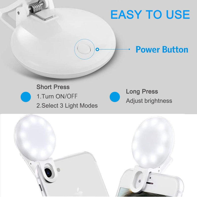  [AUSTRALIA] - Sansent Mini Ring Light, Upgraded Small Clip On Ring Light, Portable LED Light for Phone, 4 Color Lighting Modes and Adjustable Brightness Selfie Light, Tool for Tiktok Stuff, Photos (White) White