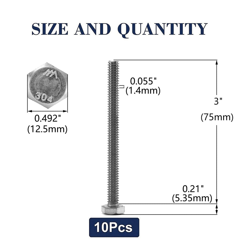  [AUSTRALIA] - 5/16-18 x 3" Hex Head Screw Bolt, 10Pcs 18-8 (304) Stainless Steel, Fully Threaded, Plain Finish, by SG TZH 10 5/16-18 x 3"