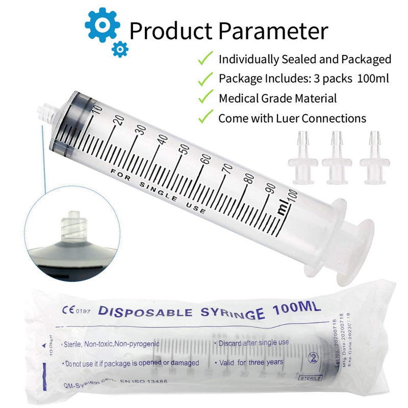  [AUSTRALIA] - 3 Pack 100ml/cc Large Plastic Syringe with Cap, 3Pcs 3.2ft Handy Plastic Tubing 14ga Blunt Tip and Luer Connections, Tubing Connnector for Scientific Labs, Measuring, Watering, Refilling, Filtration, Feeding