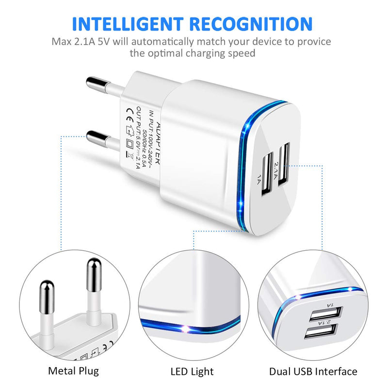  [AUSTRALIA] - LUOATIP European Plug Adapter, 2-Pack Travel Charger 2.1A/5V Dual Port USB Wall Charging Block Power Cube Adaptor Brick Box for iPhone, Android for US to Most of Europe EU Spain Italy France Germany